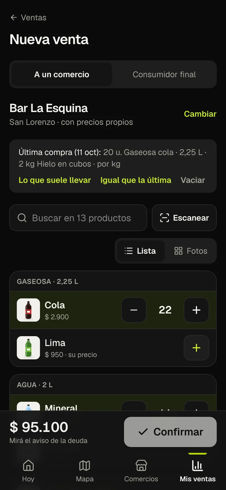 Una venta nueva a un comercio, con sus productos